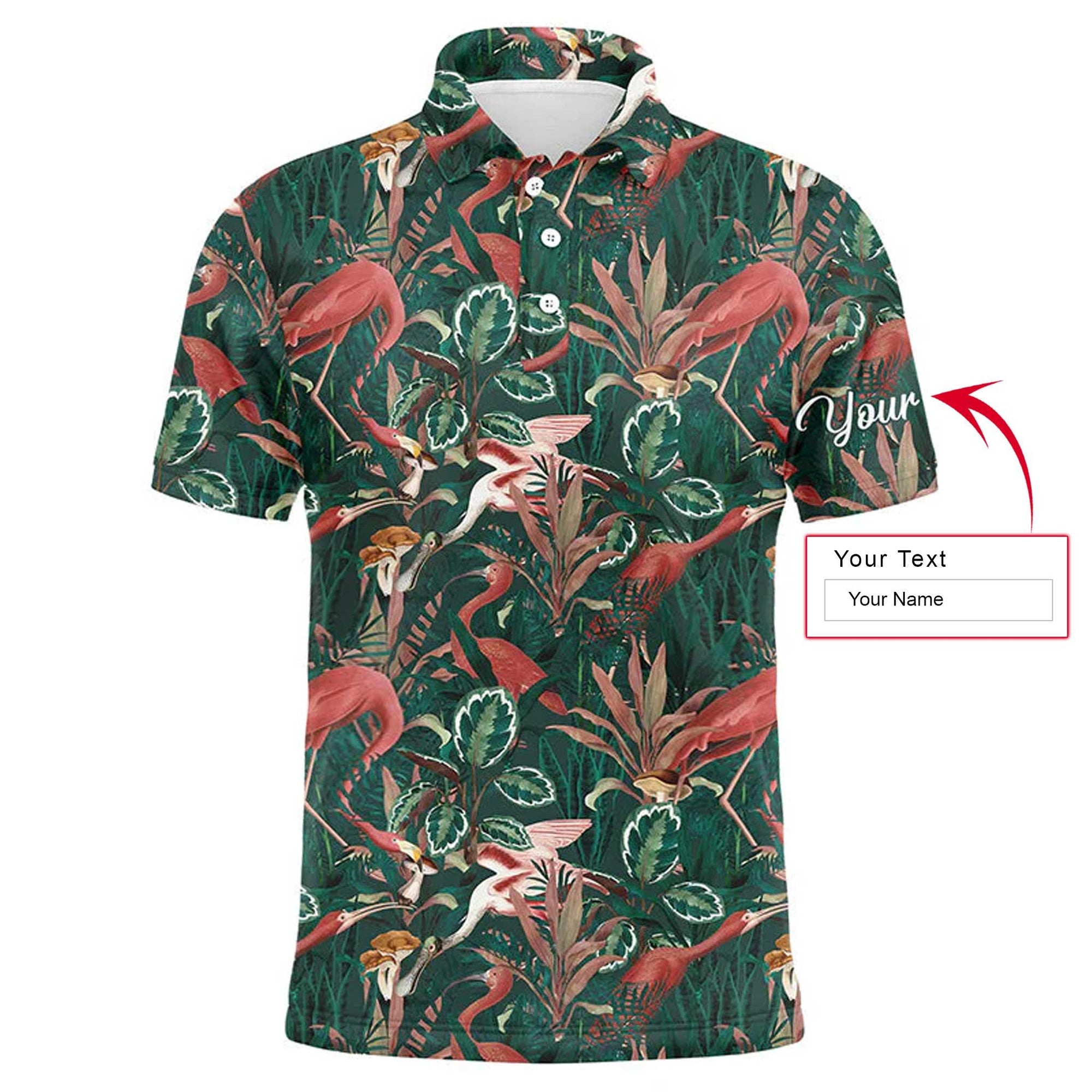 Golf Men Polo Shirt - Custom Name Flamingo Green Tropical Jungle Pattern Apparel - Personalized Gift For Golf Lover, Team, Husband, Boyfriend - Amzanimalsgift