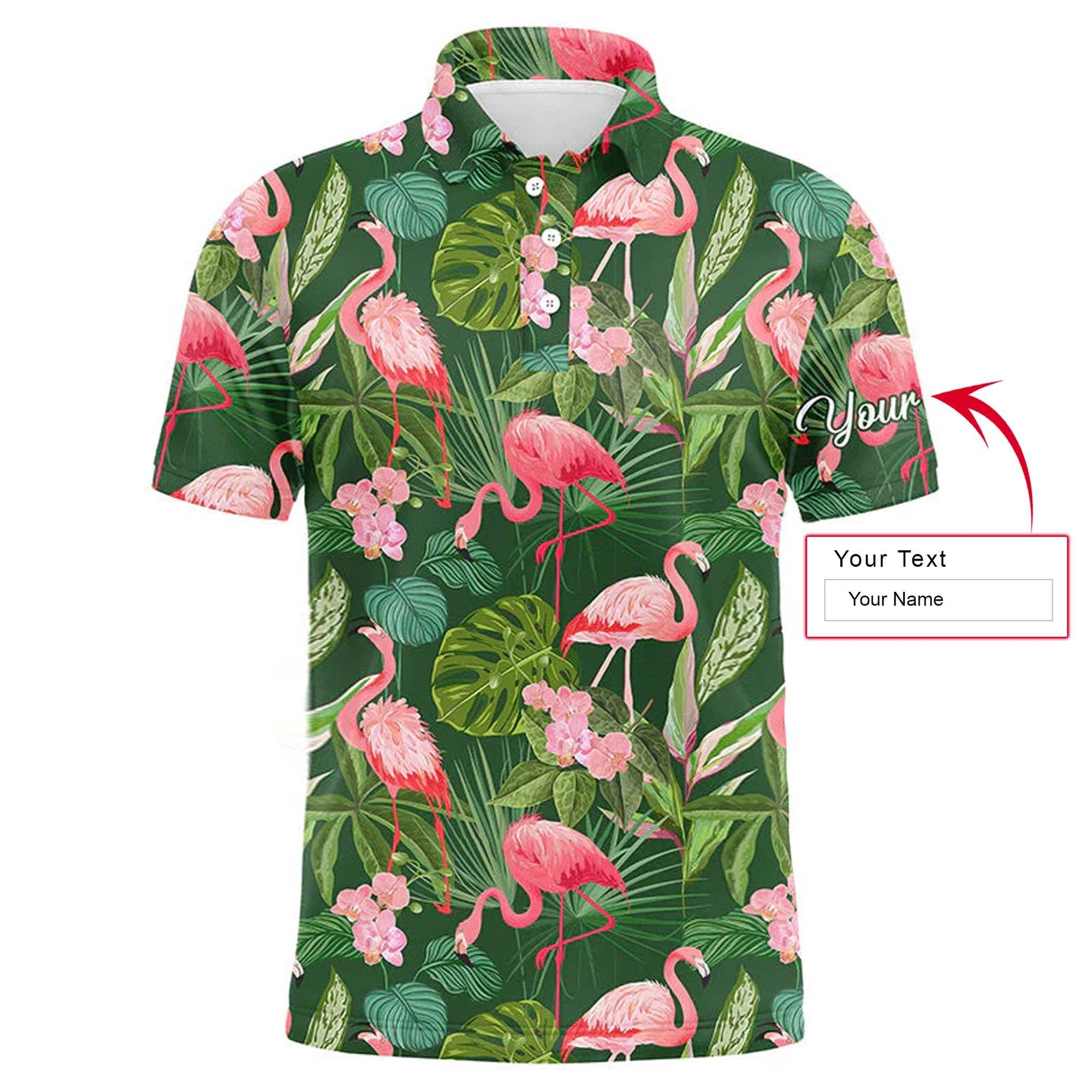 Golf Men Polo Shirt - Custom Name Flamingo Green Tropical Palm Leaves Pattern Apparel - Personalized Gift For Golf Lover, Team, Husband, Boyfriend - Amzanimalsgift