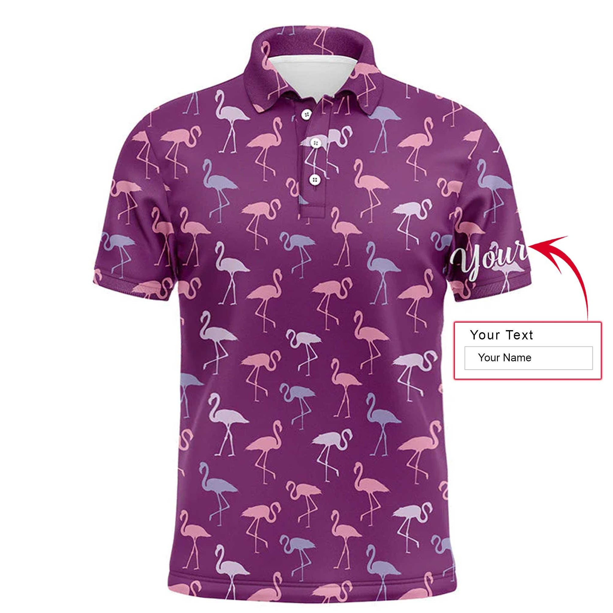 Golf Men Polo Shirt - Custom Name Flamingos Birds Pattern Tropical Purple Apparel - Personalized Gift For Golf Lover, Team, Husband, Boyfriend, Men - Amzanimalsgift