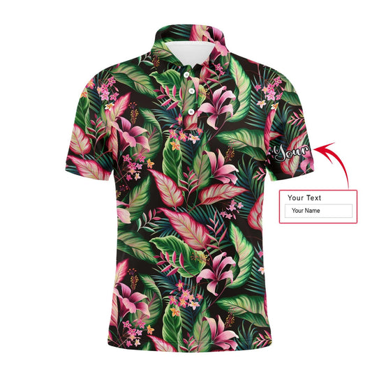 Golf Men Polo Shirt, Custom Name Floral Pattern With Tropical Leaves Apparel - Personalized Sports Gift For Golf Lover, Male, Husband, Boyfriend, Team - Amzanimalsgift