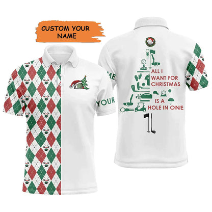 Golf Men Polo Shirt, Custom Name Funny Christmas Tree All I Want For Christmas Is A Hole In One Apparel - Personalized Sports Gift For Men, Golf Lover - Amzanimalsgift