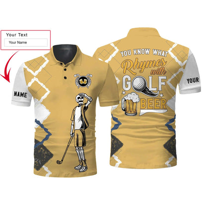 Golf Men Polo Shirt, Custom Name Funny Golf Skull, You Know What Rhymes With Golf Beer Apparel - Personalized Sports Gift For Men, Golf Lover - Amzanimalsgift