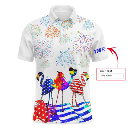 Golf Men Polo Shirt - Custom Name Funny Red White Blue Flamingo American flag Apparel - Personalized Gift For Golf Lover, Men, Team, Husband, Patriot - Amzanimalsgift