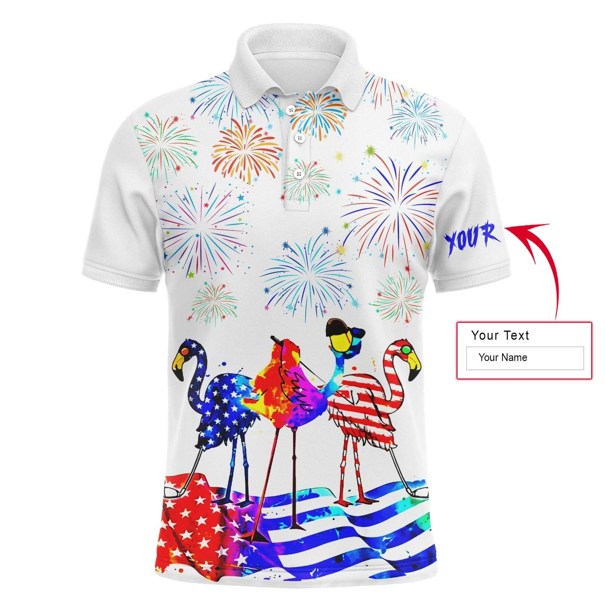 Golf Men Polo Shirt - Custom Name Funny Red White Blue Flamingo American flag Apparel - Personalized Gift For Golf Lover, Men, Team, Husband, Patriot - Amzanimalsgift