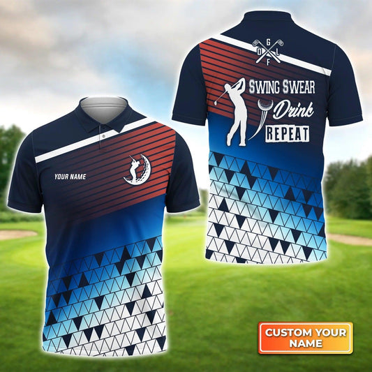 Golf Men Polo Shirt Custom Name - Golfing Swing Swear Drink Repeat Personalized Polo Shirt For Men - Gift For Golfers, Friend, Family - Amzanimalsgift