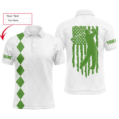 Golf Men Polo Shirt - Custom Name Green American Flag Apparel - Personalized Gift For Golf Lover, Team, Husband, Boyfriend, Men, Patriotic, 4th July - Amzanimalsgift