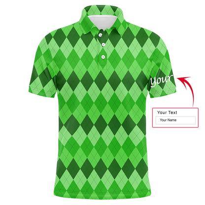 Golf Men Polo Shirt - Custom Name Green Argyle Pattern Apparel - Personalized Sports Gift For Golf Lover, Male, Husband, Team Golf, St Patrick's Day - Amzanimalsgift