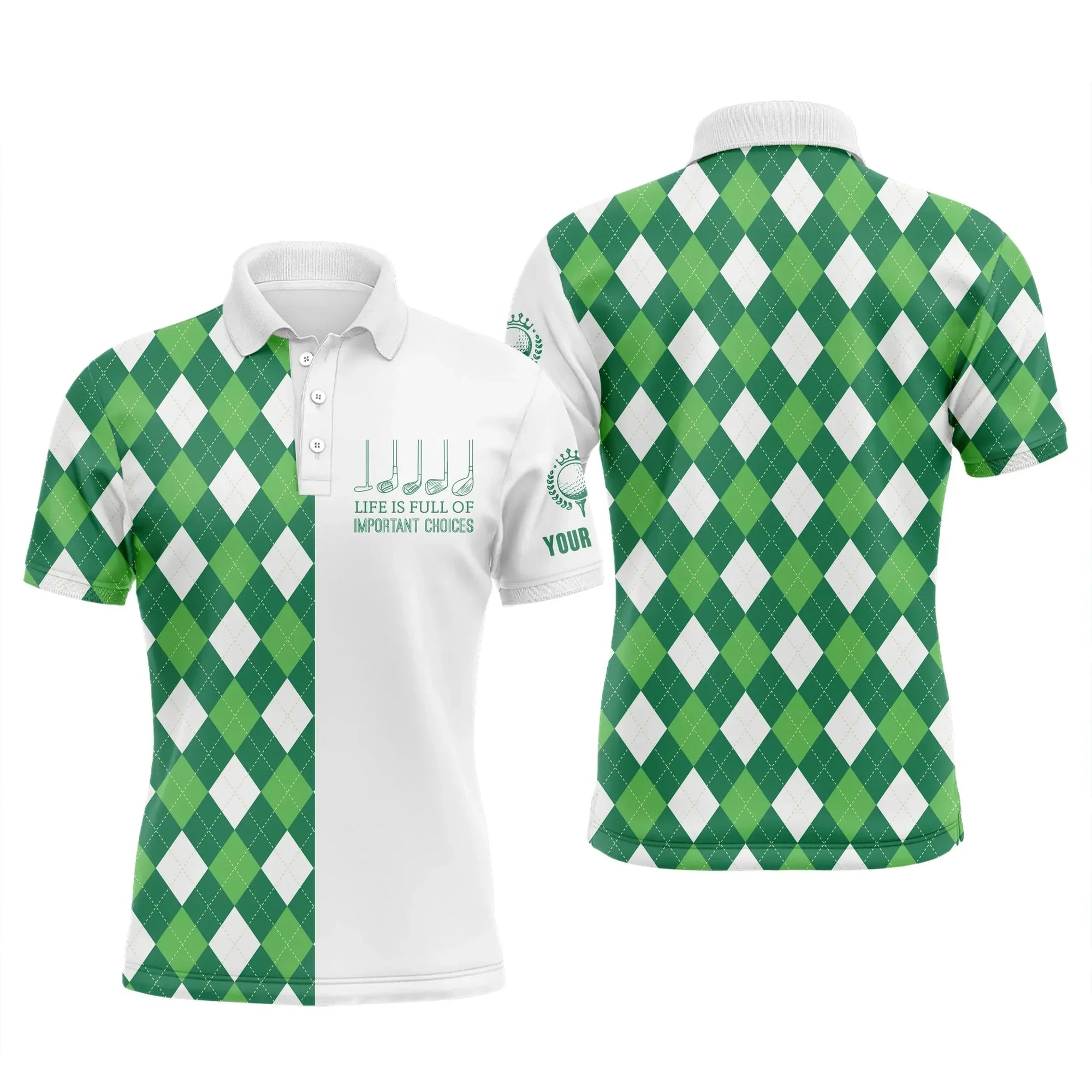 Golf Men Polo Shirt -Custom Name Green Argyle Plaid Apparel - Life Is Full Of Important Choices - Personalized Gift For Golf Lover, Men, Husband, Team - Amzanimalsgift