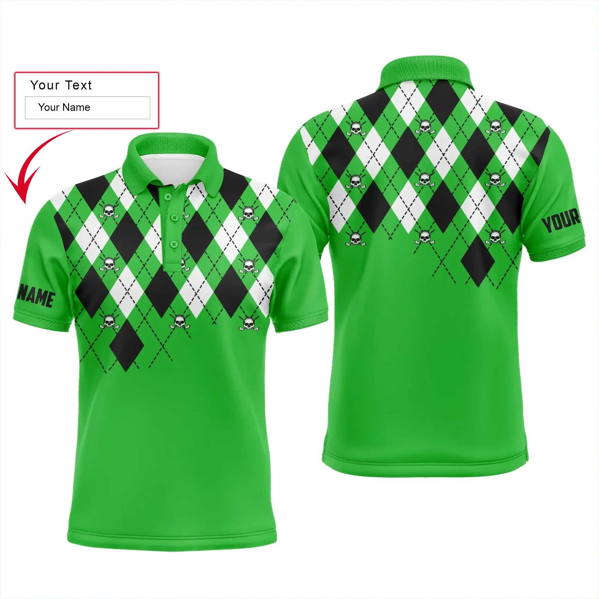 Golf Men Polo Shirt - Custom Name Green Argyle Plaid Golf Skull Pattern Apparel Men Polo Shirt - Personalized Gift For Men, Golf Lover - Amzanimalsgift