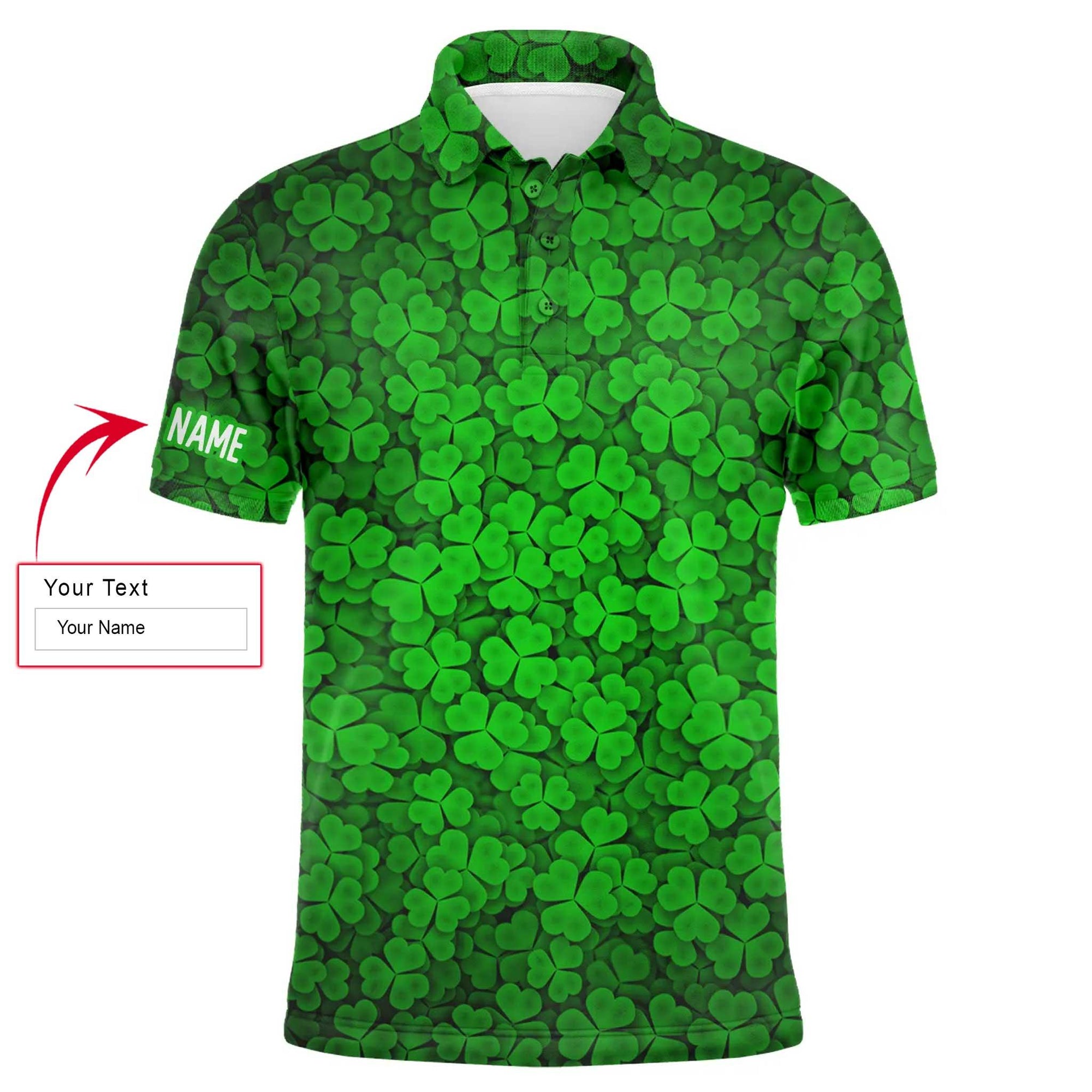 Golf Men Polo Shirt - Custom Name Green Clover St Patrick's Day Pattern Apparel - Personalized Sports Gift For Golf Lover, Male, Husband, Team Golf - Amzanimalsgift