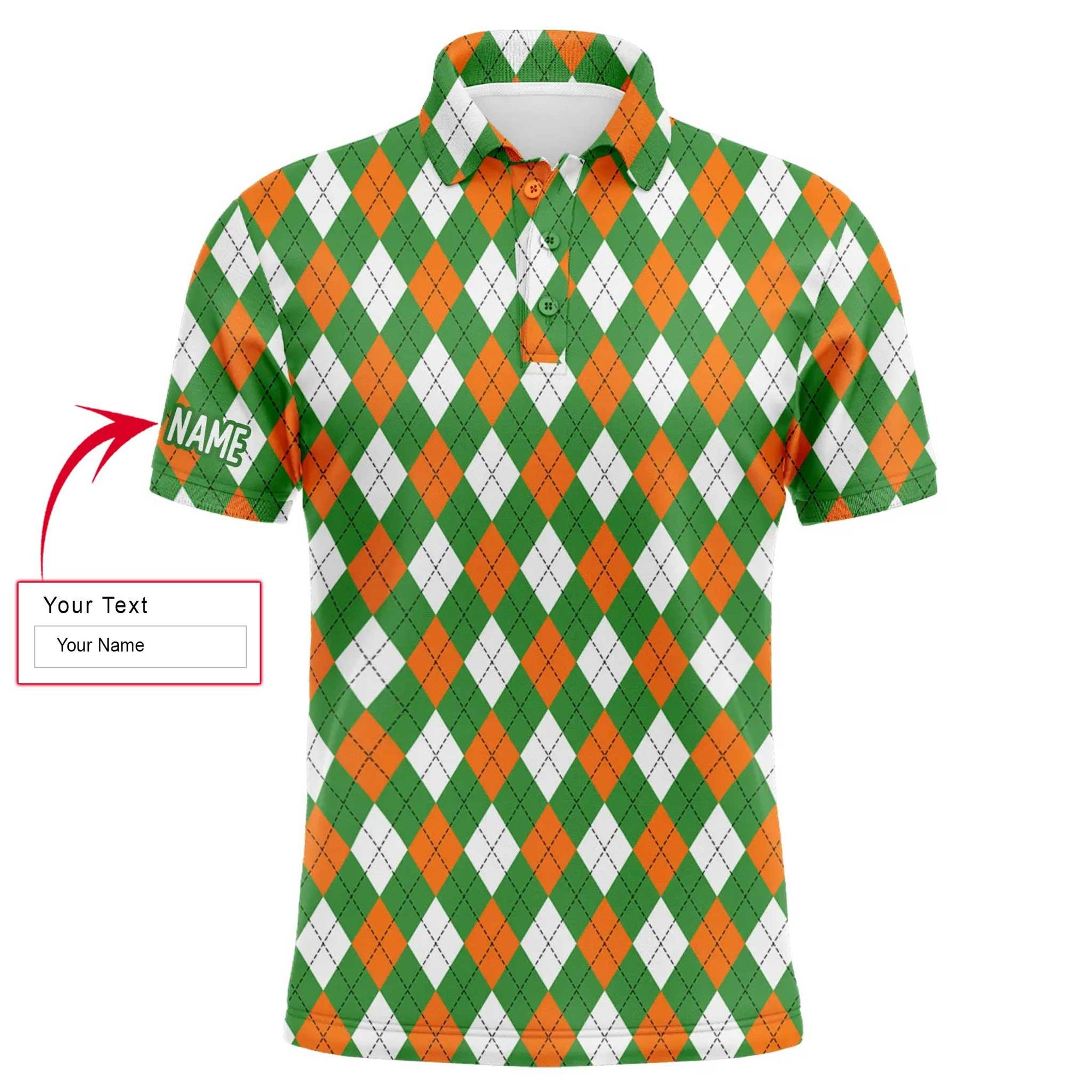 Golf Men Polo Shirt - Custom Name Green Orange White St. Patricks Day Argyle Plaid Pattern Apparel Men Polo Shirt - Perfect Polo Shirt For Men, Golfers - Amzanimalsgift