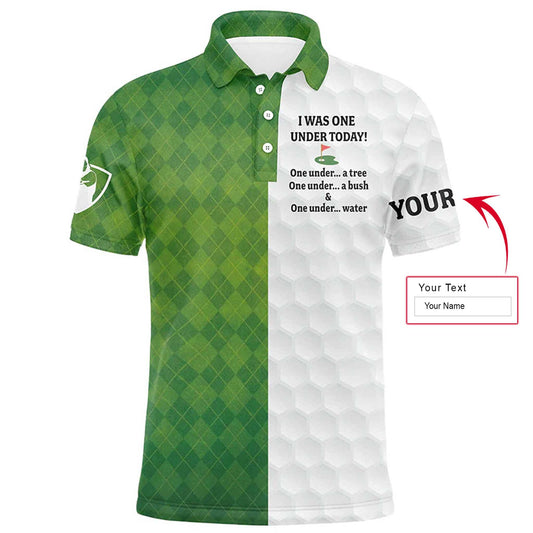 Golf Men Polo Shirt - Custom Name Green White Argyle Pattern Apparel - I Was One Under Today Tree Bush Water - Perfect Polo Shirt For Men, Golfers - Amzanimalsgift
