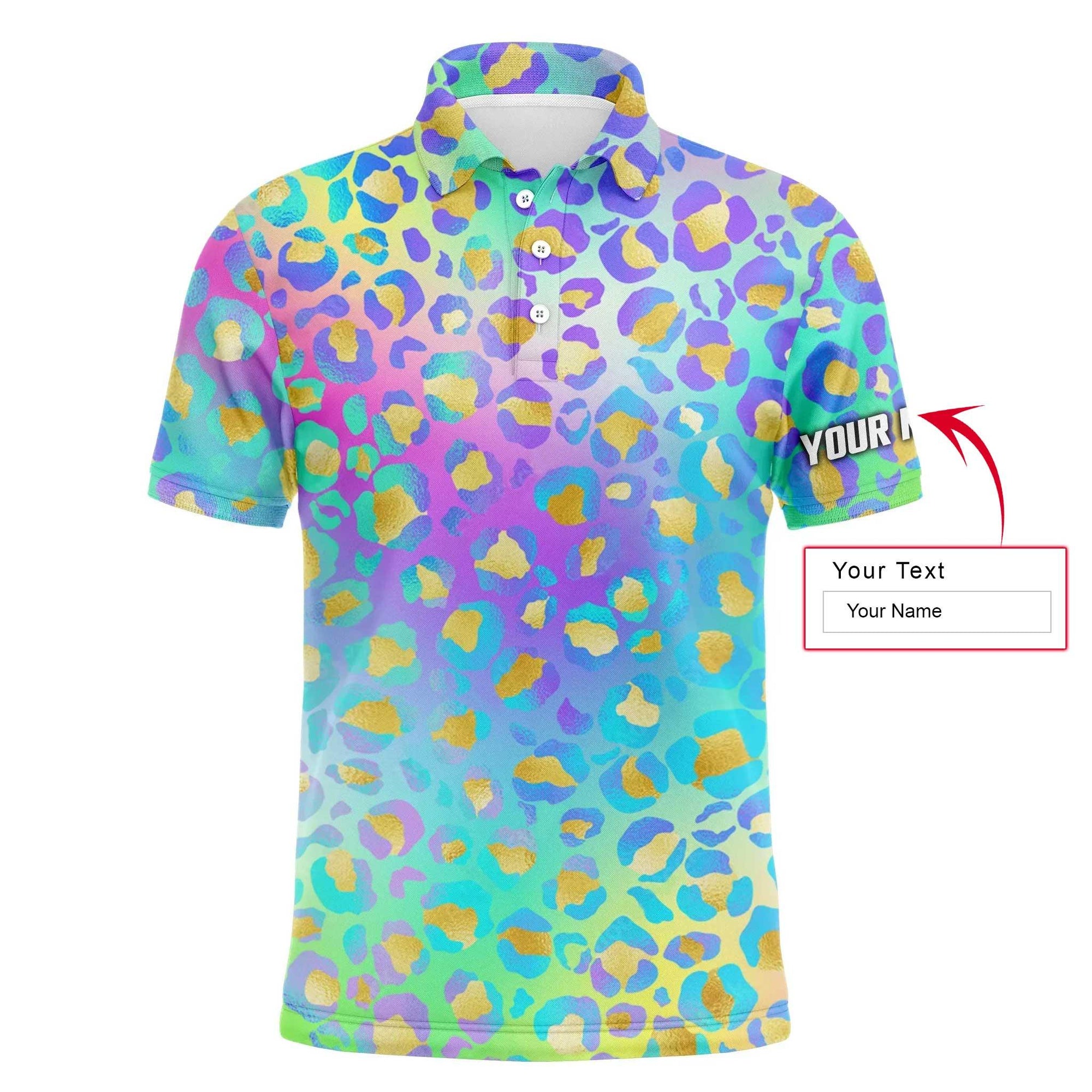 Golf Men Polo Shirt - Custom Name Multicolor Neon Leopard Pattern Apparel Men Polo Shirt - Personalized Gift For Golf Lover, Team, Husband, Boyfriend, Men - Amzanimalsgift