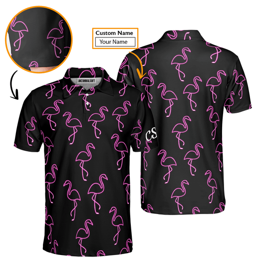 Golf Men Polo Shirt - Custom Name Neon Pink Flamingos Pattern Apparel - Personalized Gift For Golf Lover, Team, Husband, Boyfriend, Men - Amzanimalsgift