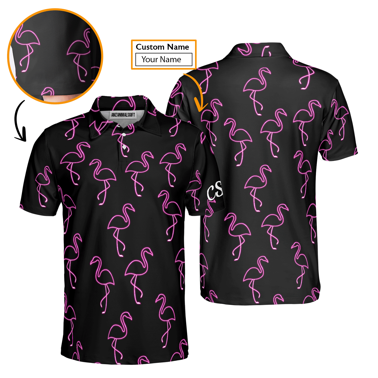 Golf Men Polo Shirt - Custom Name Neon Pink Flamingos Pattern Apparel - Personalized Gift For Golf Lover, Team, Husband, Boyfriend, Men - Amzanimalsgift