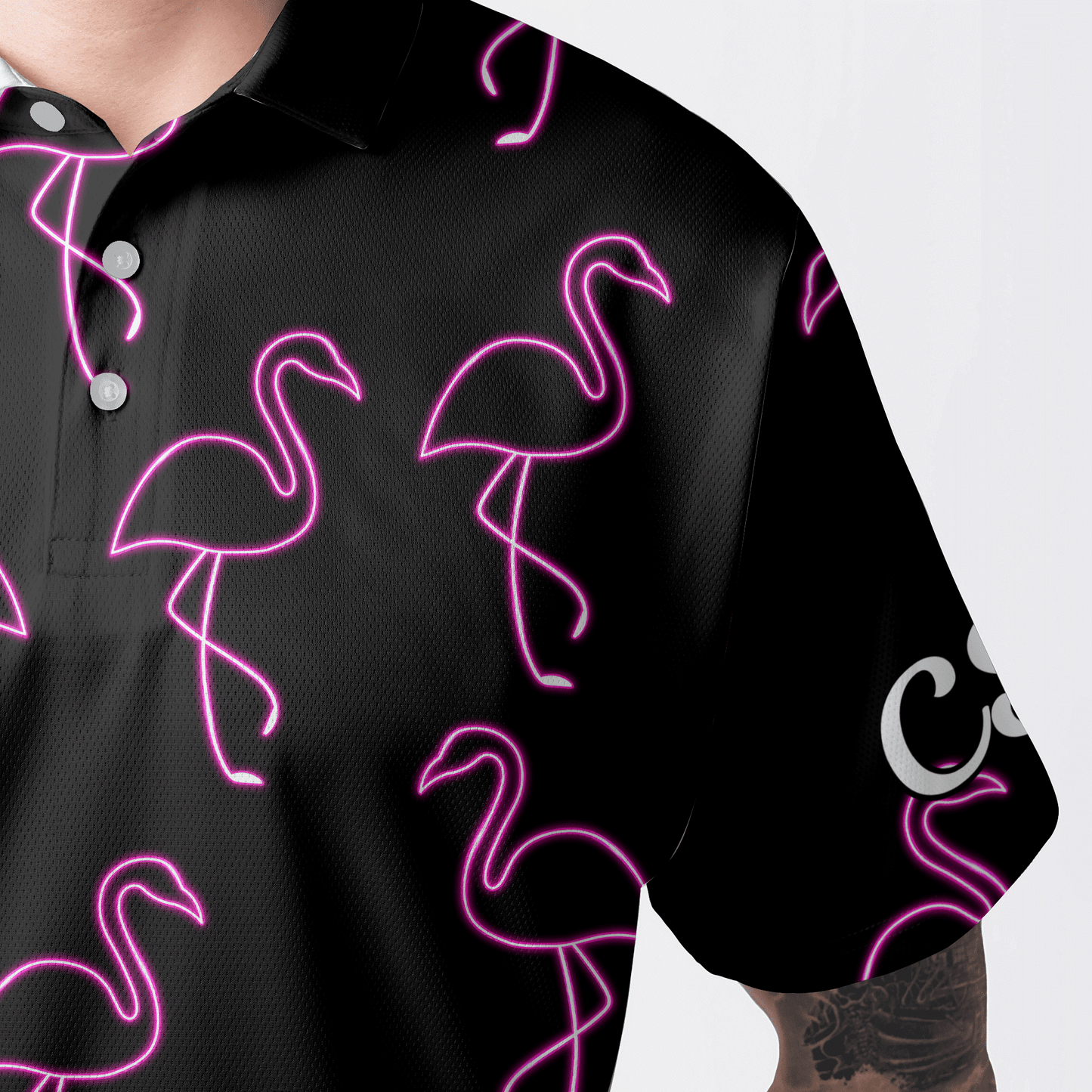 Golf Men Polo Shirt - Custom Name Neon Pink Flamingos Pattern Apparel - Personalized Gift For Golf Lover, Team, Husband, Boyfriend, Men - Amzanimalsgift