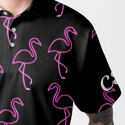 Golf Men Polo Shirt - Custom Name Neon Pink Flamingos Pattern Apparel - Personalized Gift For Golf Lover, Team, Husband, Boyfriend, Men - Amzanimalsgift