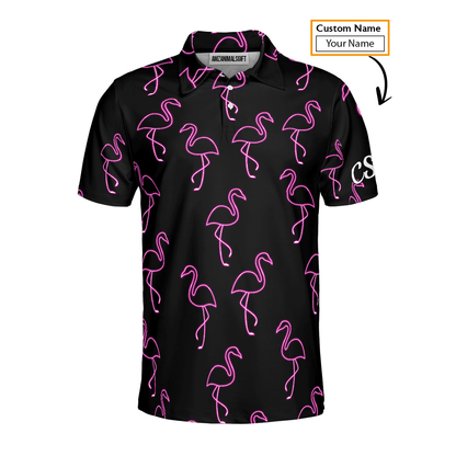 Golf Men Polo Shirt - Custom Name Neon Pink Flamingos Pattern Apparel - Personalized Gift For Golf Lover, Team, Husband, Boyfriend, Men - Amzanimalsgift
