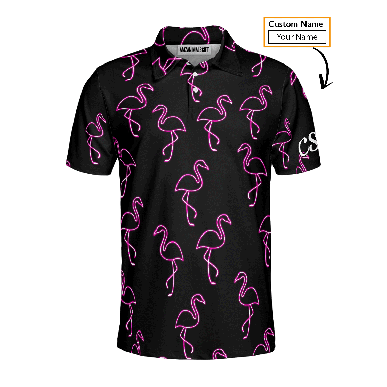 Golf Men Polo Shirt - Custom Name Neon Pink Flamingos Pattern Apparel - Personalized Gift For Golf Lover, Team, Husband, Boyfriend, Men - Amzanimalsgift
