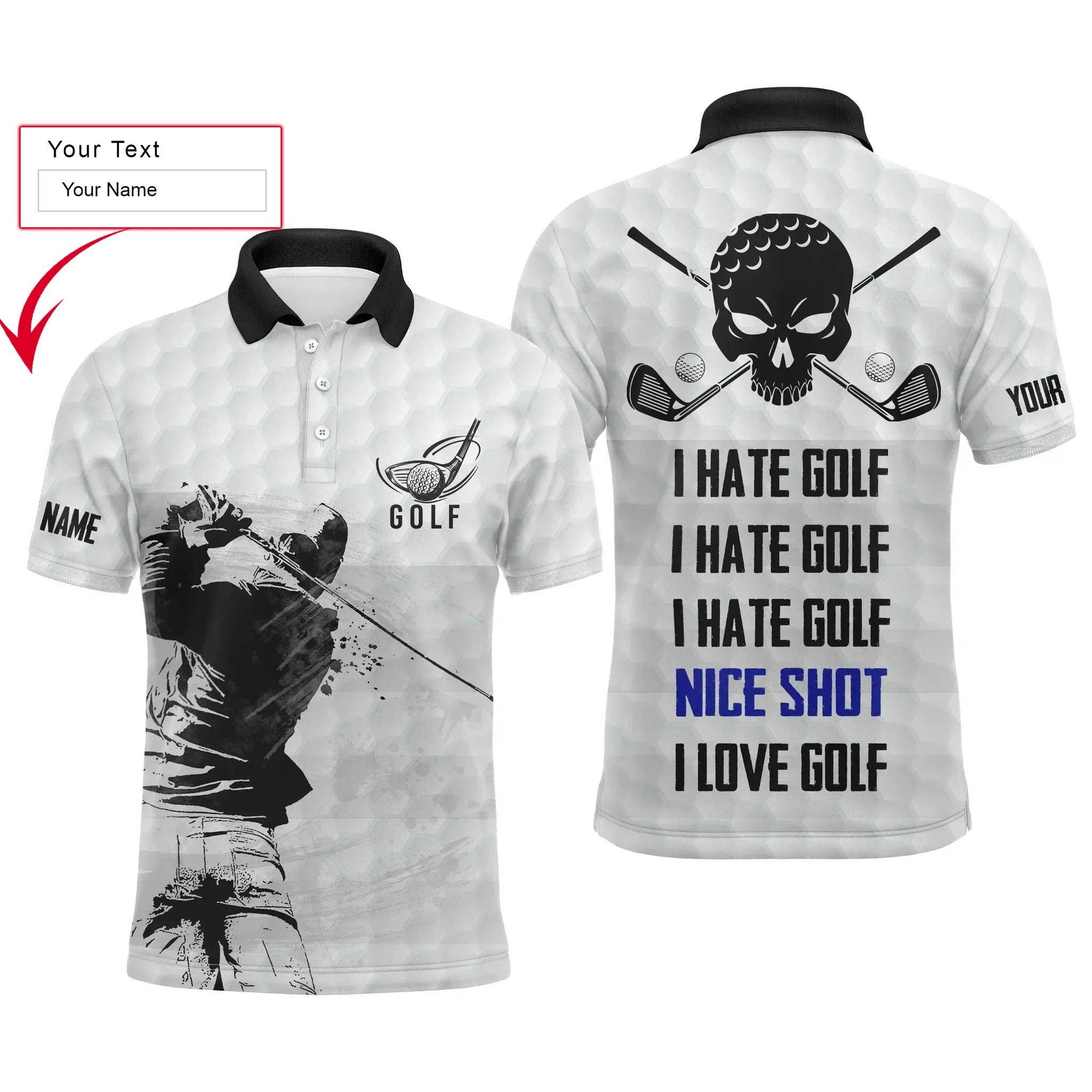 Golf Men Polo Shirt - Custom Name Skull Apparel - I Hate Golf Nice Shot I Love Golf Men Polo Shirt - Perfect Polo Shirt For Men, Golfers - Amzanimalsgift