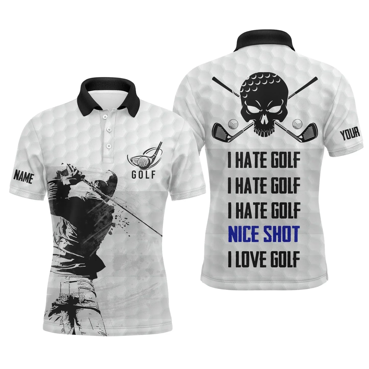 Golf Men Polo Shirt - Custom Name Skull Apparel - I Hate Golf Nice Shot I Love Golf Men Polo Shirt - Perfect Polo Shirt For Men, Golfers - Amzanimalsgift