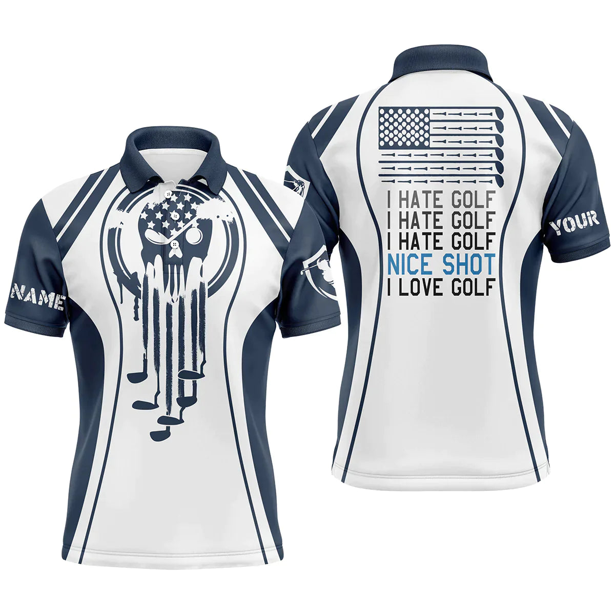 Golf Men Polo Shirt - Custom Name Skull Blue White Apparel - I Hate Golf Nice Shot I Love Golf Men Polo Shirt - Perfect Polo Shirt For Men, Golfers - Amzanimalsgift