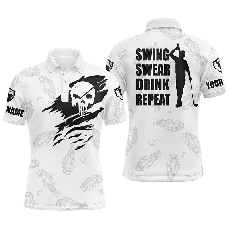 Golf Men Polo Shirt - Custom Name Skull Golf Clubs Pattern White Apparel - Swing Swear Drink Repeat Men Polo Shirt - Perfect Polo Shirt For Men, Golfers - Amzanimalsgift