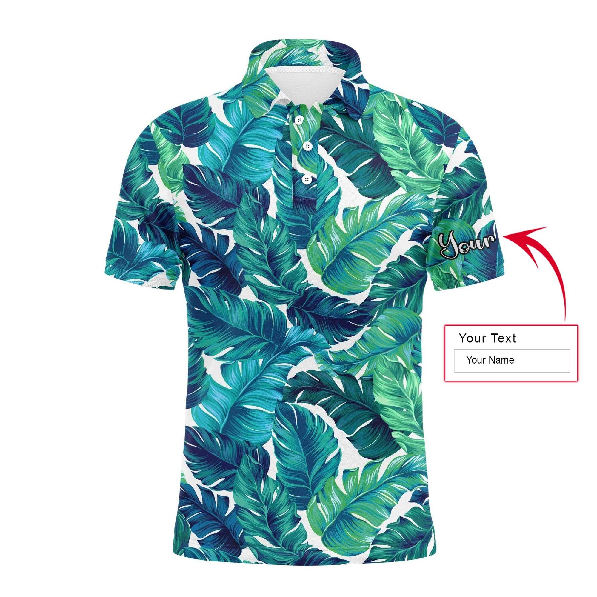 Golf Men Polo Shirt - Custom Name Turquoise And Green Tropical Leaves Apparel - Personalized Gift For Golf Lover, Male, Husband, Team Golf - Amzanimalsgift