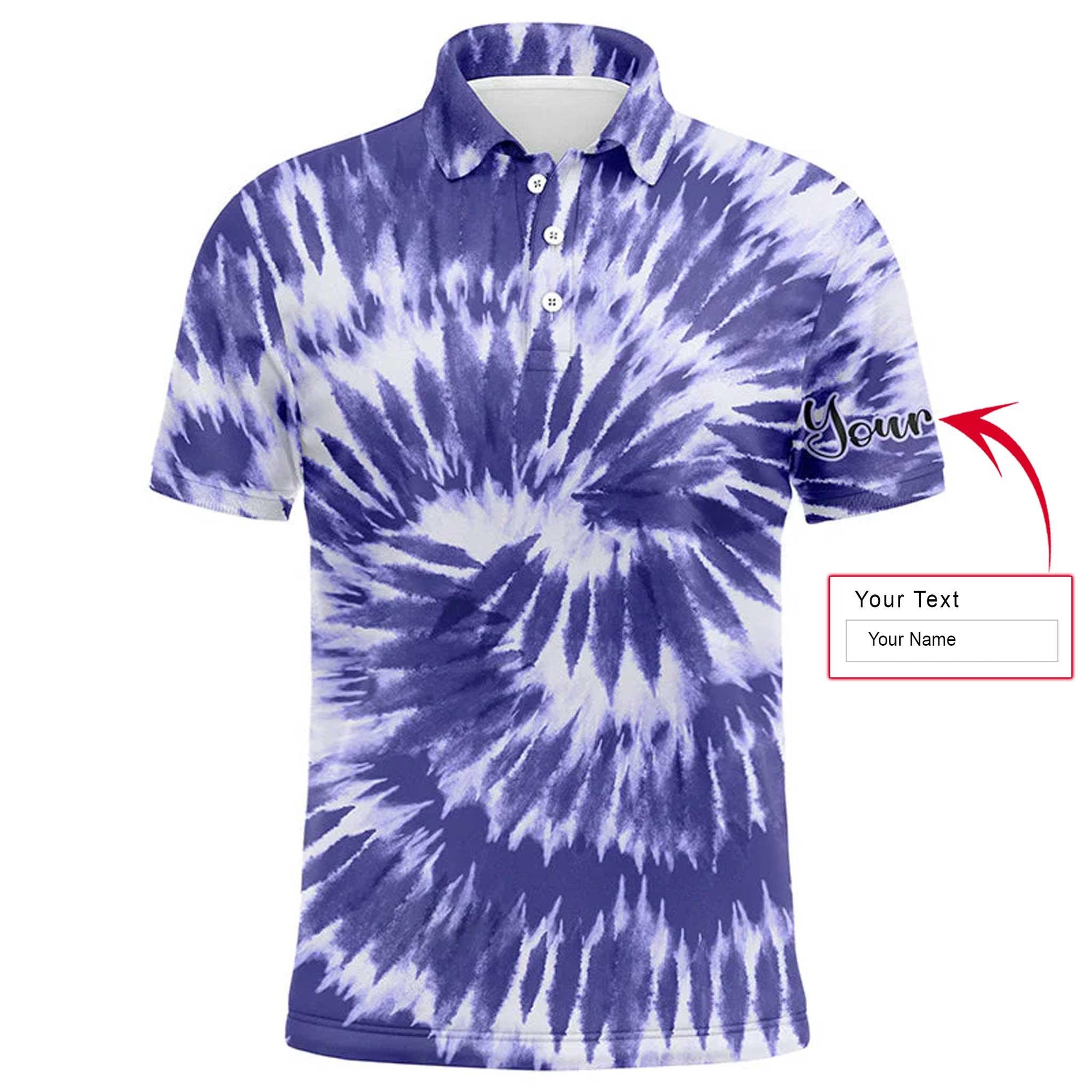 Golf Men Polo Shirt - Custom Name Violet Purple Tie Dye Background Apparel Men Golf Polo Shirt - Personalized Gift For Golf Lover, Male, Husband, Team Golf - Amzanimalsgift