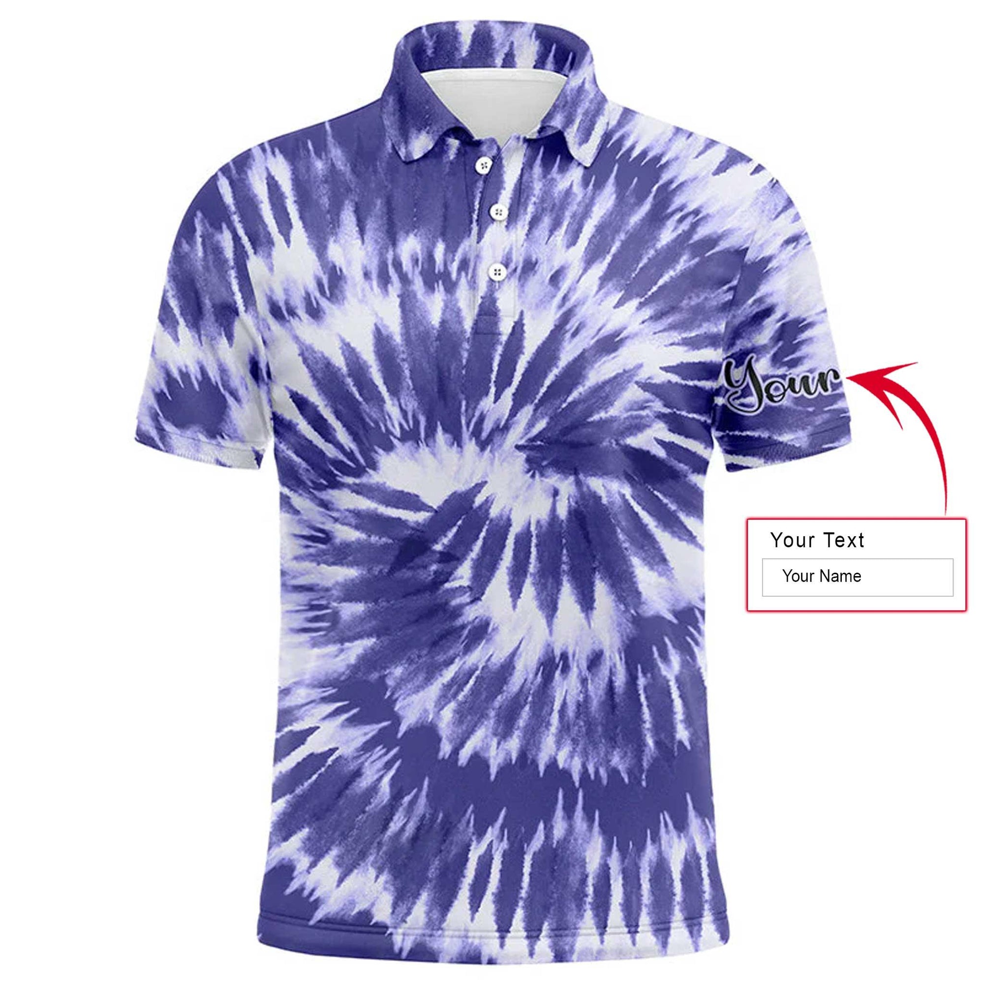 Golf Men Polo Shirt - Custom Name Violet Purple Tie Dye Background Apparel Men Golf Polo Shirt - Personalized Gift For Golf Lover, Male, Husband, Team Golf - Amzanimalsgift