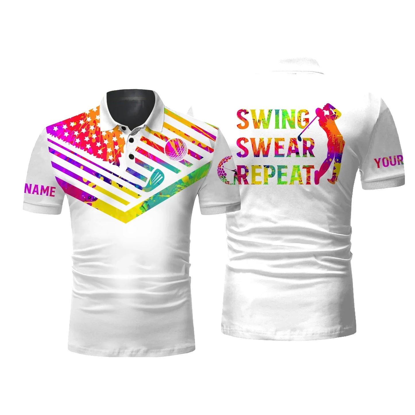 Golf Men Polo Shirt - Custom Name Watercolor American Flag Multicolor Apparel, Swing Swear Repeat Men Golf Polo Shirt - Perfect Polo Shirt For Men, Golfers - Amzanimalsgift