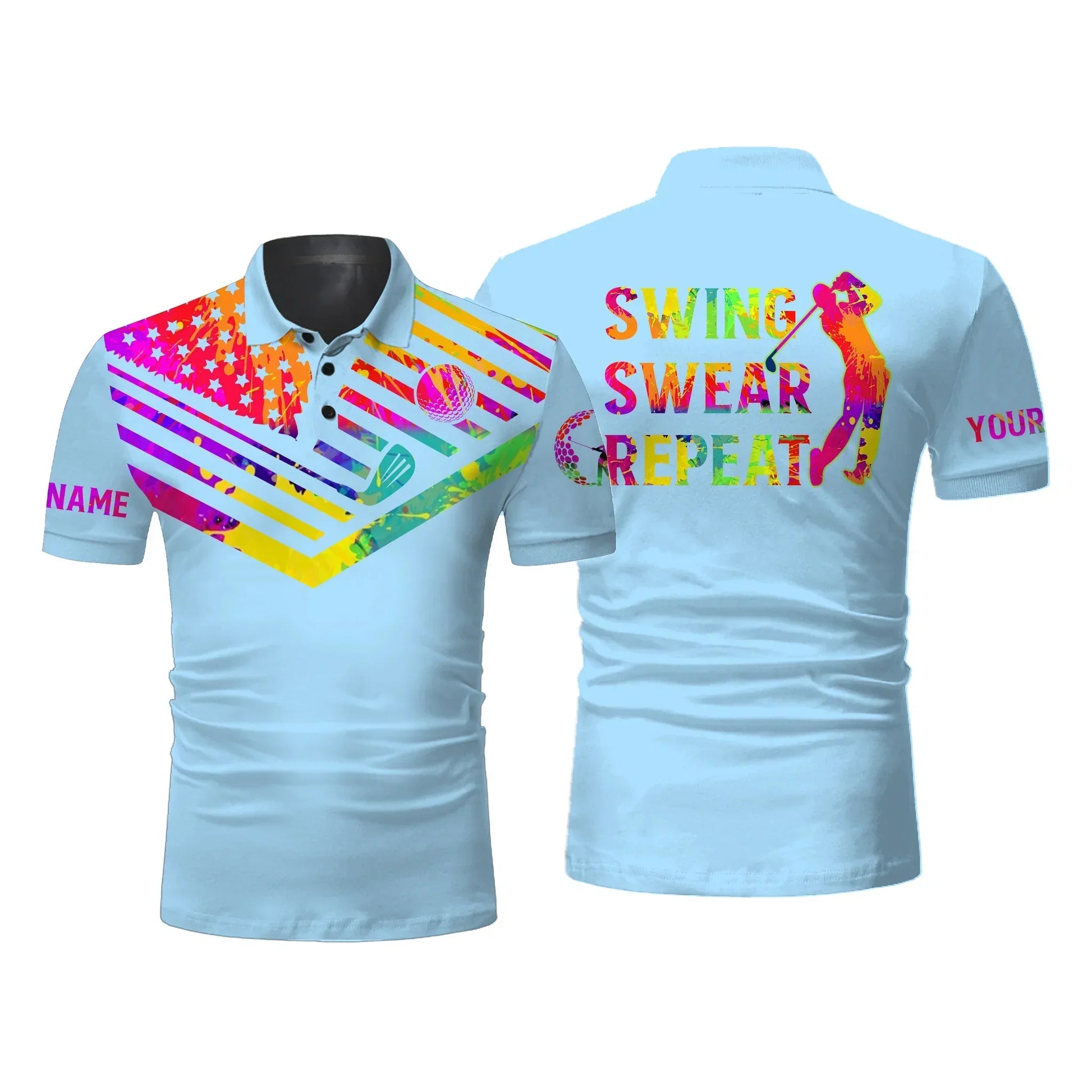 Golf Men Polo Shirt - Custom Name Watercolor American Flag Multicolor Apparel, Swing Swear Repeat Men Golf Polo Shirt - Perfect Polo Shirt For Men, Golfers - Amzanimalsgift