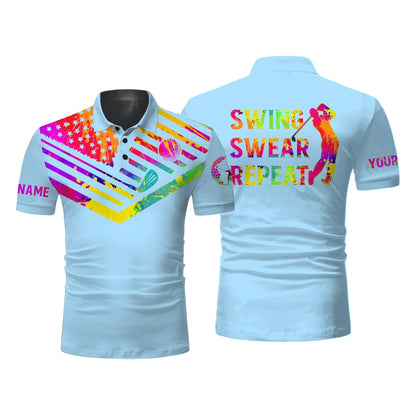 Golf Men Polo Shirt - Custom Name Watercolor American Flag Multicolor Apparel, Swing Swear Repeat Men Golf Polo Shirt - Perfect Polo Shirt For Men, Golfers - Amzanimalsgift