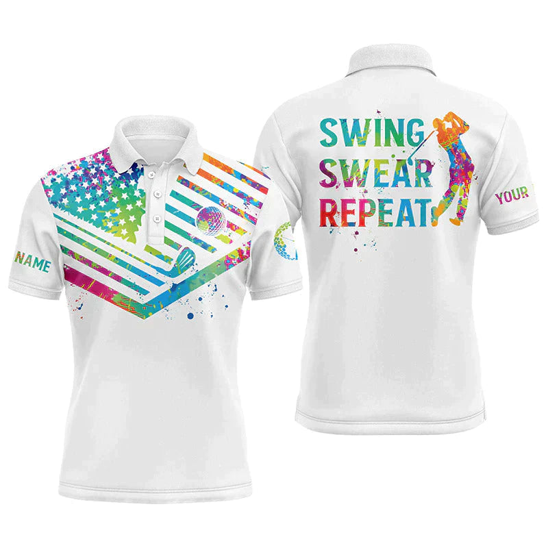 Golf Men Polo Shirt - Custom Name Watercolor American Flag Multicolor Apparel, Swing Swear Repeat Men Golf Polo Shirt - Perfect Polo Shirt For Men, Golfers - Amzanimalsgift