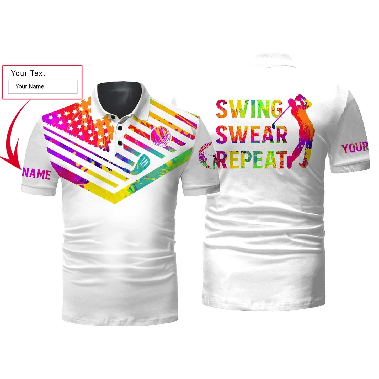 Golf Men Polo Shirt, Custom Name Watercolor American Flag Swing Swear Repeat Apparel - Personalized Sport Gift For Men, Husband, Boyfriend, Golf Lover - Amzanimalsgift