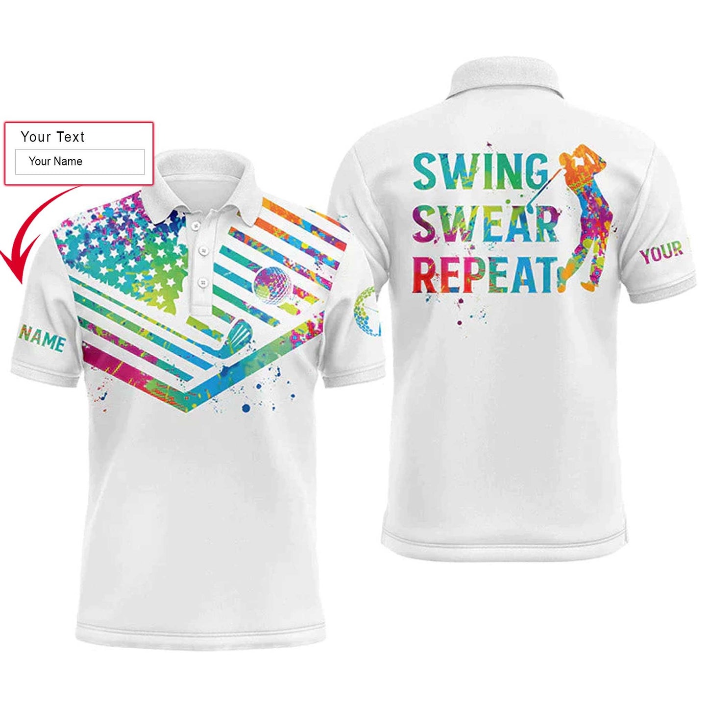 Golf Men Polo Shirt, Custom Name Watercolor American Flag Swing Swear Repeat Apparel - Personalized Sport Gift For Men, Husband, Boyfriend, Golf Lover - Amzanimalsgift