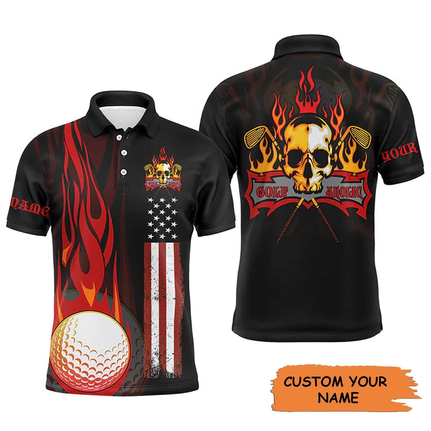 Golf Men Polo Shirt - Flame Skull Golf Ball American Flag Custom Name Apparel Men Golf Polo Shirt - Perfect Polo Shirt For Men, Golfers - Amzanimalsgift