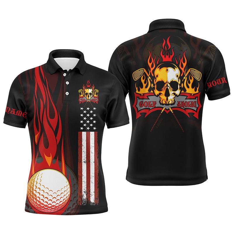 Golf Men Polo Shirt - Flame Skull Golf Ball American Flag Custom Name Apparel Men Golf Polo Shirt - Perfect Polo Shirt For Men, Golfers - Amzanimalsgift