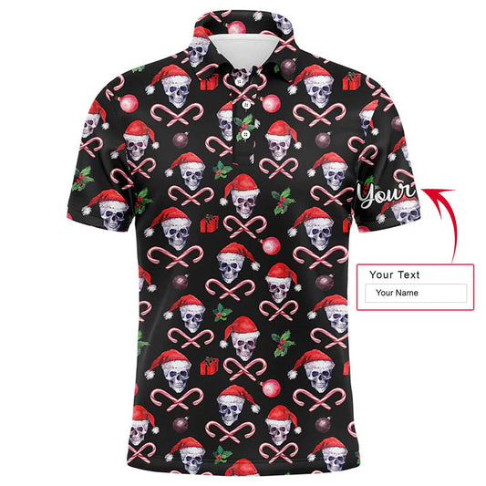 Golf Men Polo Shirt - Funny Black Christmas Skull Pattern Custom Name Apparel Men Polo Shirt - Personalized Gift For Golf Lover, Team - Amzanimalsgift