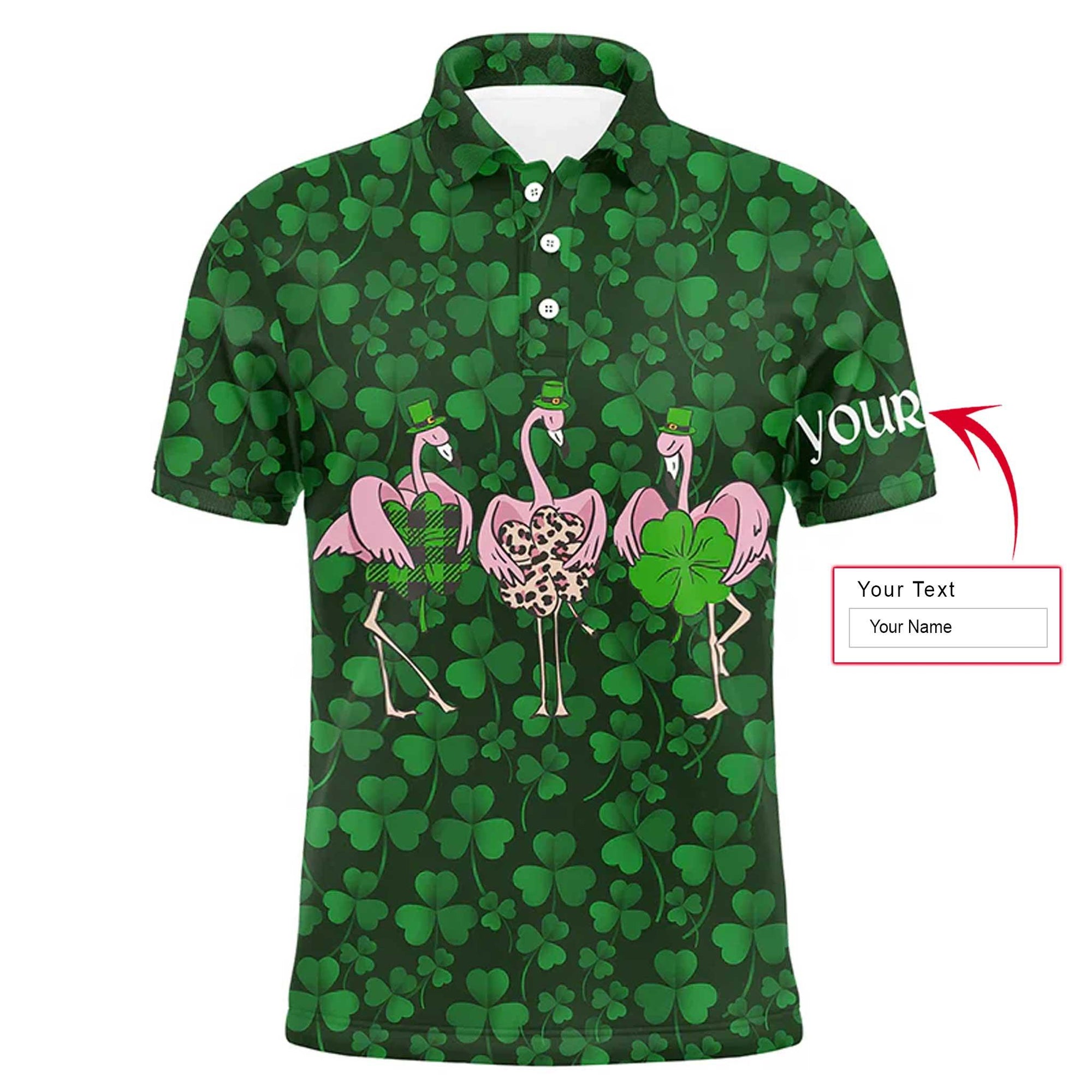 Golf Men Polo Shirt - Funny Custom Name Green Clover St Patrick's Day Background Flamingo Apparel - Personalized Sports Gift For Golf Lover, Male - Amzanimalsgift