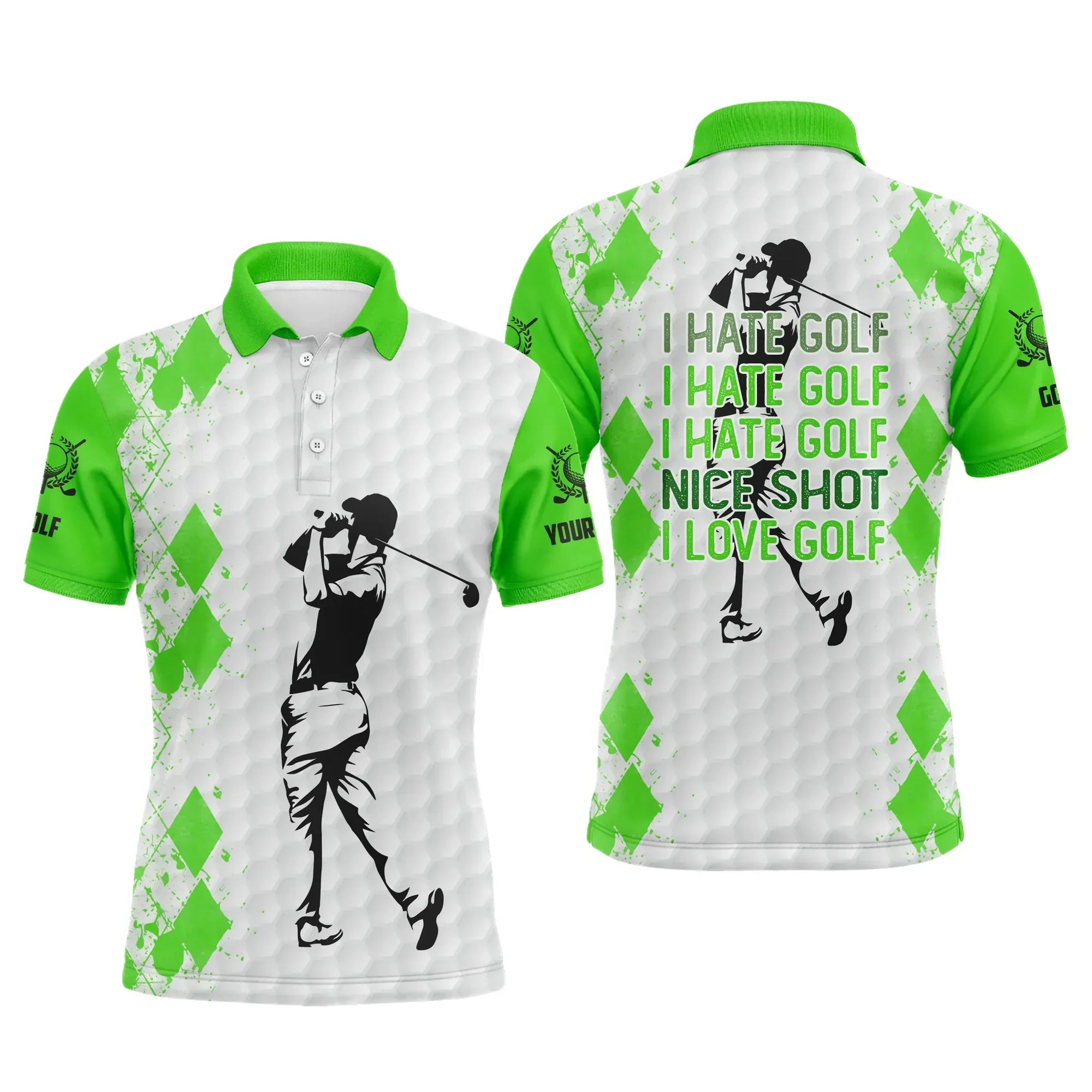 Golf Men Polo Shirt - Funny Custom Name Green White Apparel, I Hate Golf Nice Shot I Love Golf Men Golf Polo Shirt - Perfect Polo Shirt For Men, Golfers - Amzanimalsgift