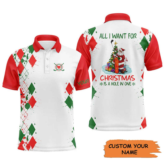Golf Men Polo Shirt - Funny Santa Golfer Custom Name Apparel - All I Want For Christmas Is A Hole In One - Personalized Gift For Golf Lover, Team - Amzanimalsgift