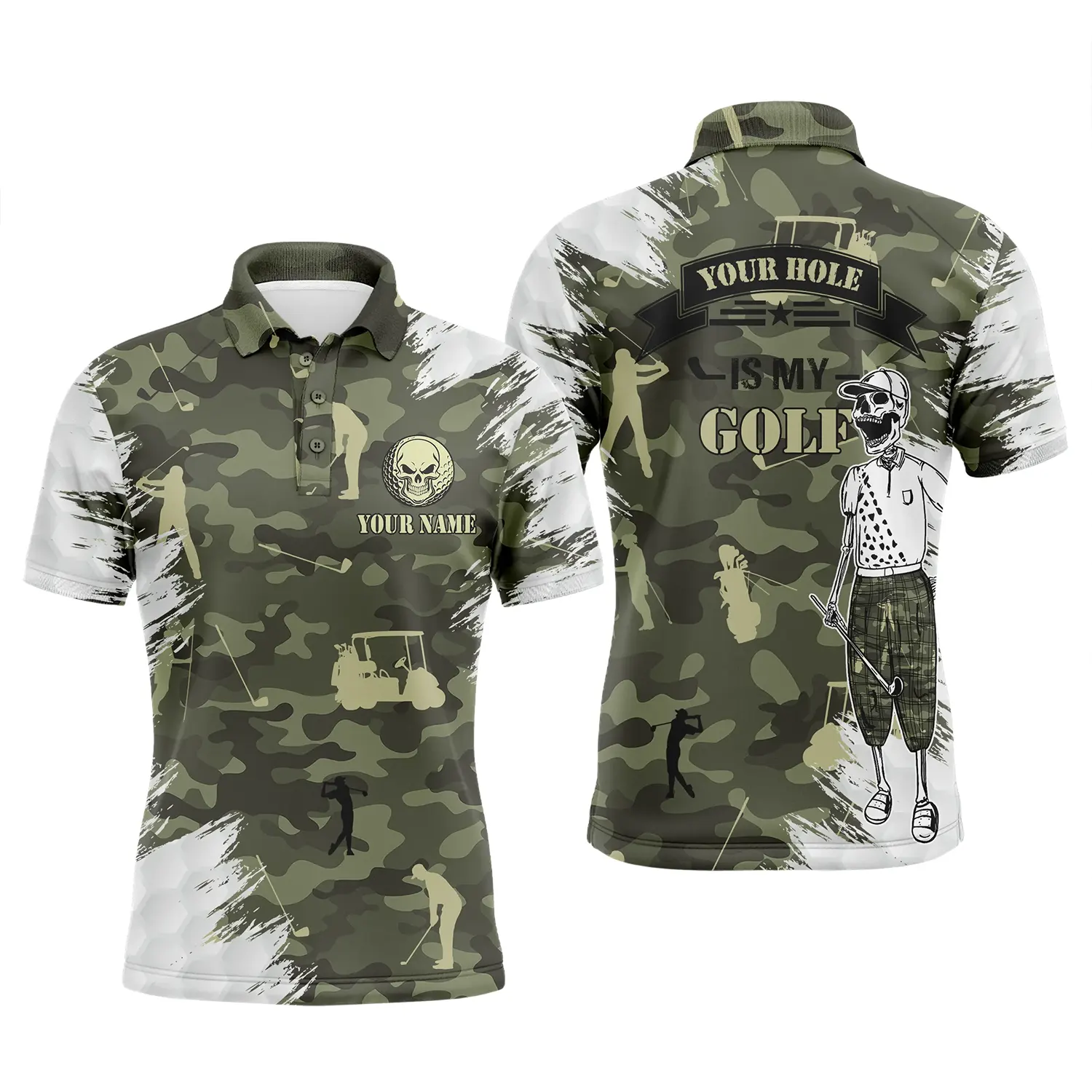 Golf Men Polo Shirt - Funny Skull Green Camo Custom Name Apparel, Your Hole Is My Goal Men Golf Polo Shirt - Personalized Gift For Golf Lover - Amzanimalsgift