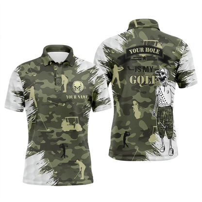 Golf Men Polo Shirt - Funny Skull Green Camo Custom Name Apparel, Your Hole Is My Goal Men Golf Polo Shirt - Personalized Gift For Golf Lover - Amzanimalsgift