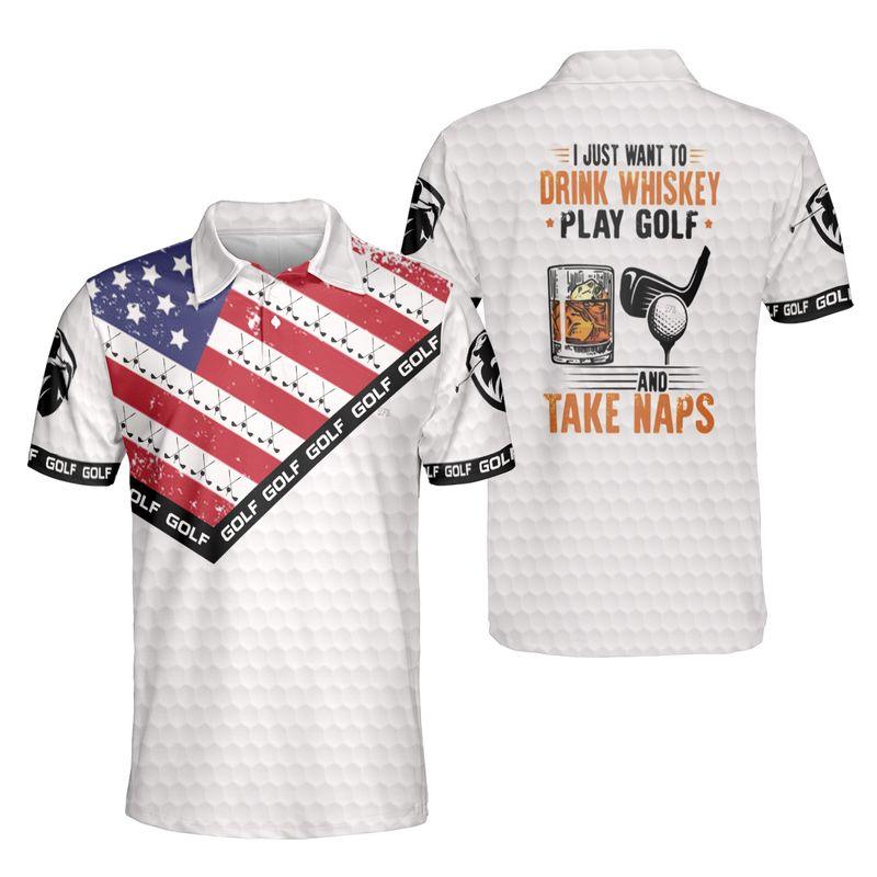 Golf Men Polo Shirt, Golf And Whiskey Polo Shirts For Men, American Flag Polo Shirts, Golf Pattern Men's Short Sleeve Polo Shirt - Amzanimalsgift