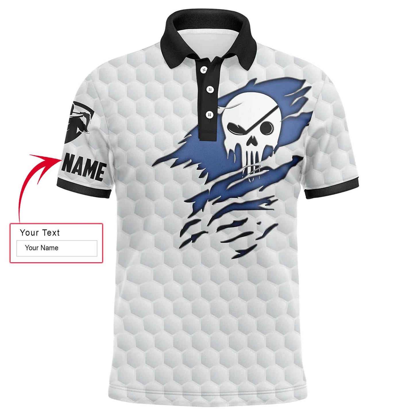 Golf Men Polo Shirt - Golf Club Skull Custom Name White Apparel - Personalized Gift For Golf Lover, Men, Dad, Husband, Boyfriend, Team - Amzanimalsgift
