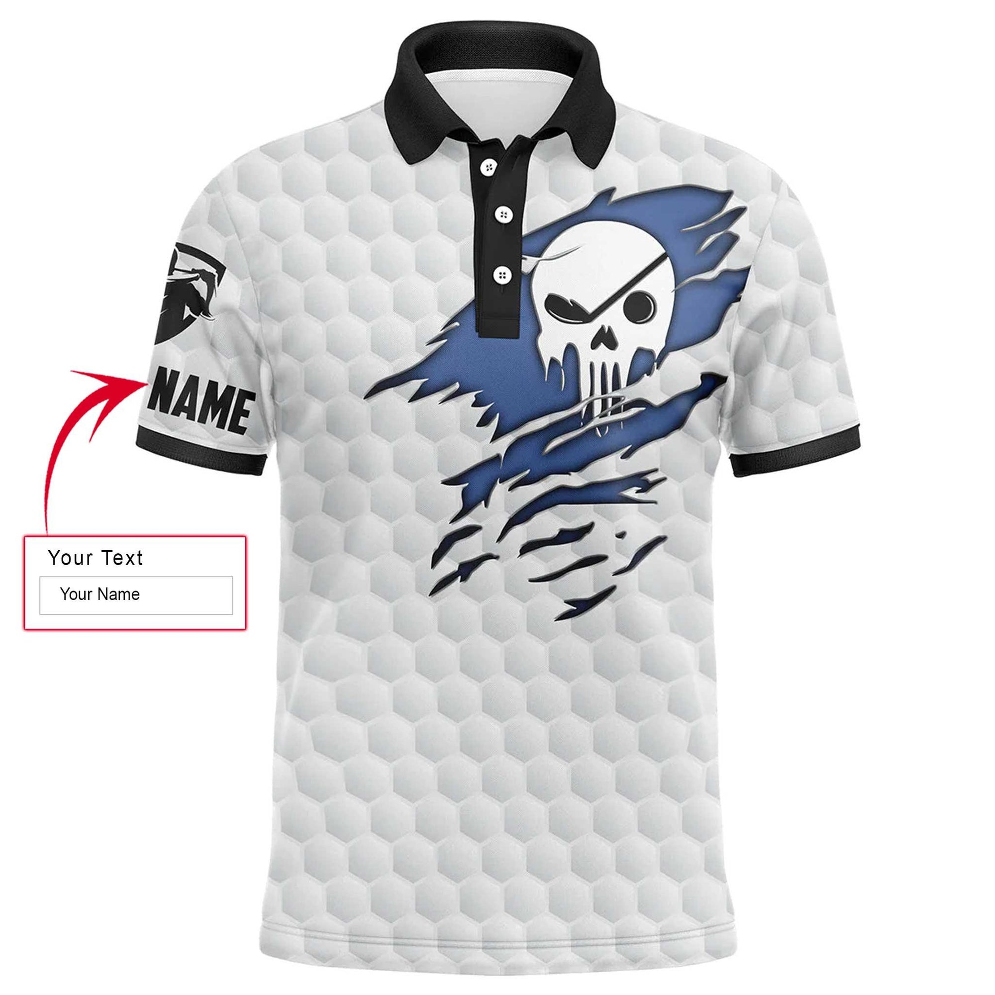 Golf Men Polo Shirt - Golf Club Skull Custom Name White Apparel - Personalized Gift For Golf Lover, Men, Dad, Husband, Boyfriend, Team - Amzanimalsgift