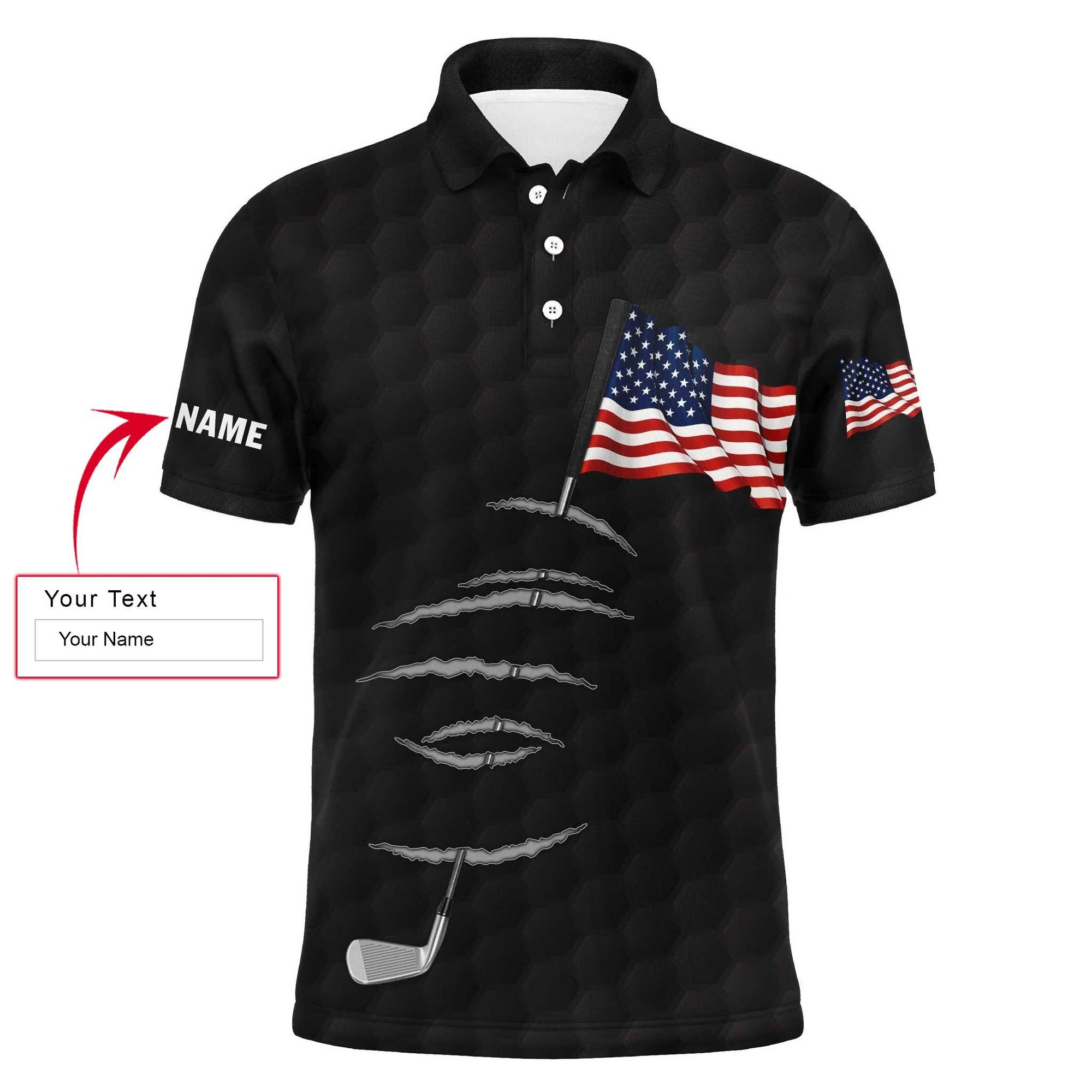 Golf Men Polo Shirt - Golf Clubs American Flag 4th July Custom Name Apparel - Personalized Gift For Golf Lover, Team, Golfers, Patriotic - Amzanimalsgift