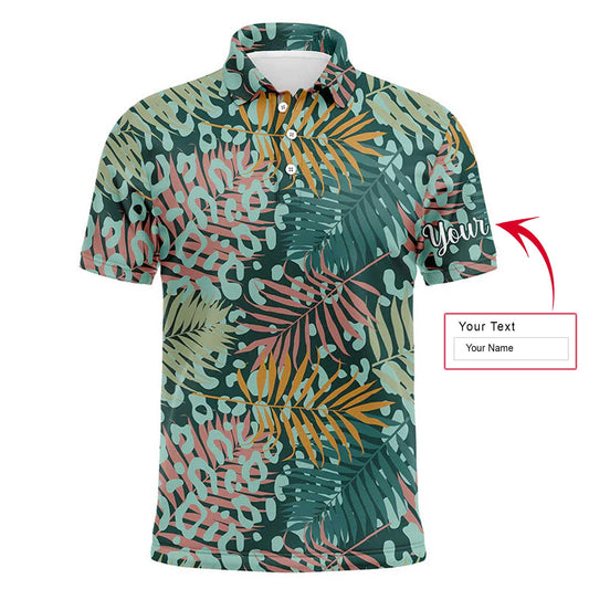 Golf Men Polo Shirt - Green Tropical Pattern With Palm Leopard Custom Name Apparel - Personalized Gift For Golf Lover, Men, Team, Husband, Boyfriend - Amzanimalsgift