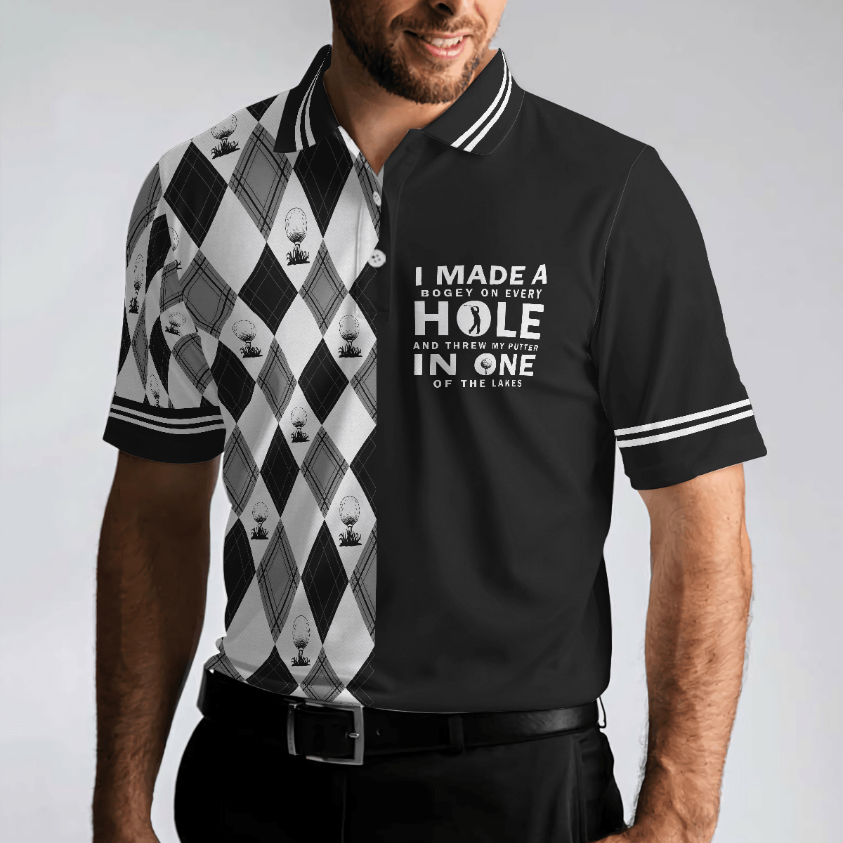 Golf Men Polo Shirt, I Made A Bogey On Every Hole Polo Shirt, Black And White Argyle Pattern Polo Shirt, Cool Golf Shirt For Men, Golfers - Amzanimalsgift